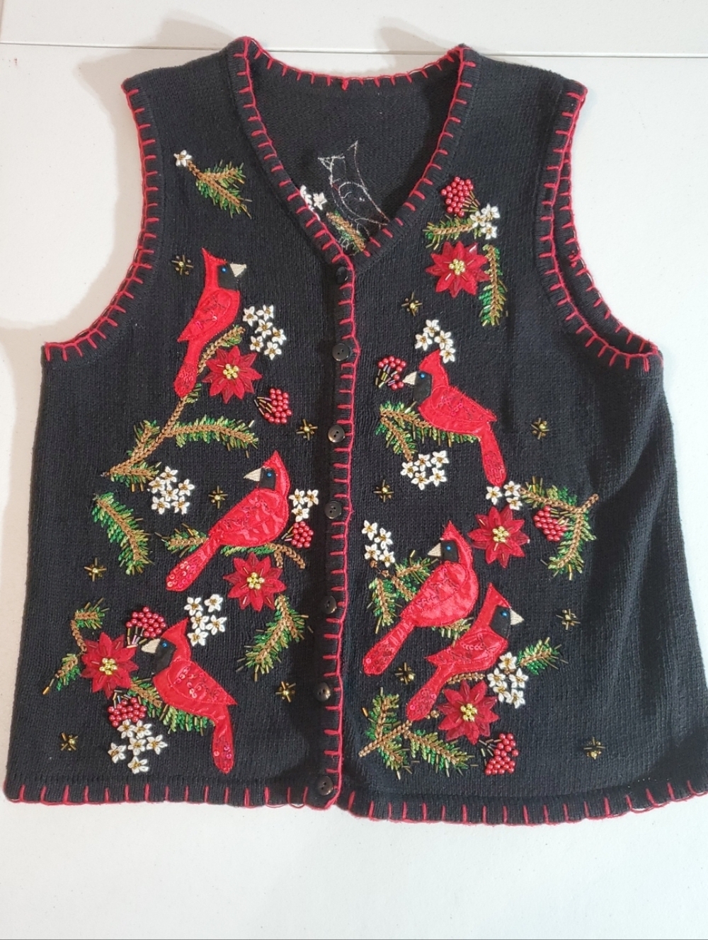 Womens Lg Black Holiday Cardinal Embroidered Vest Red Trim Sequin Detail